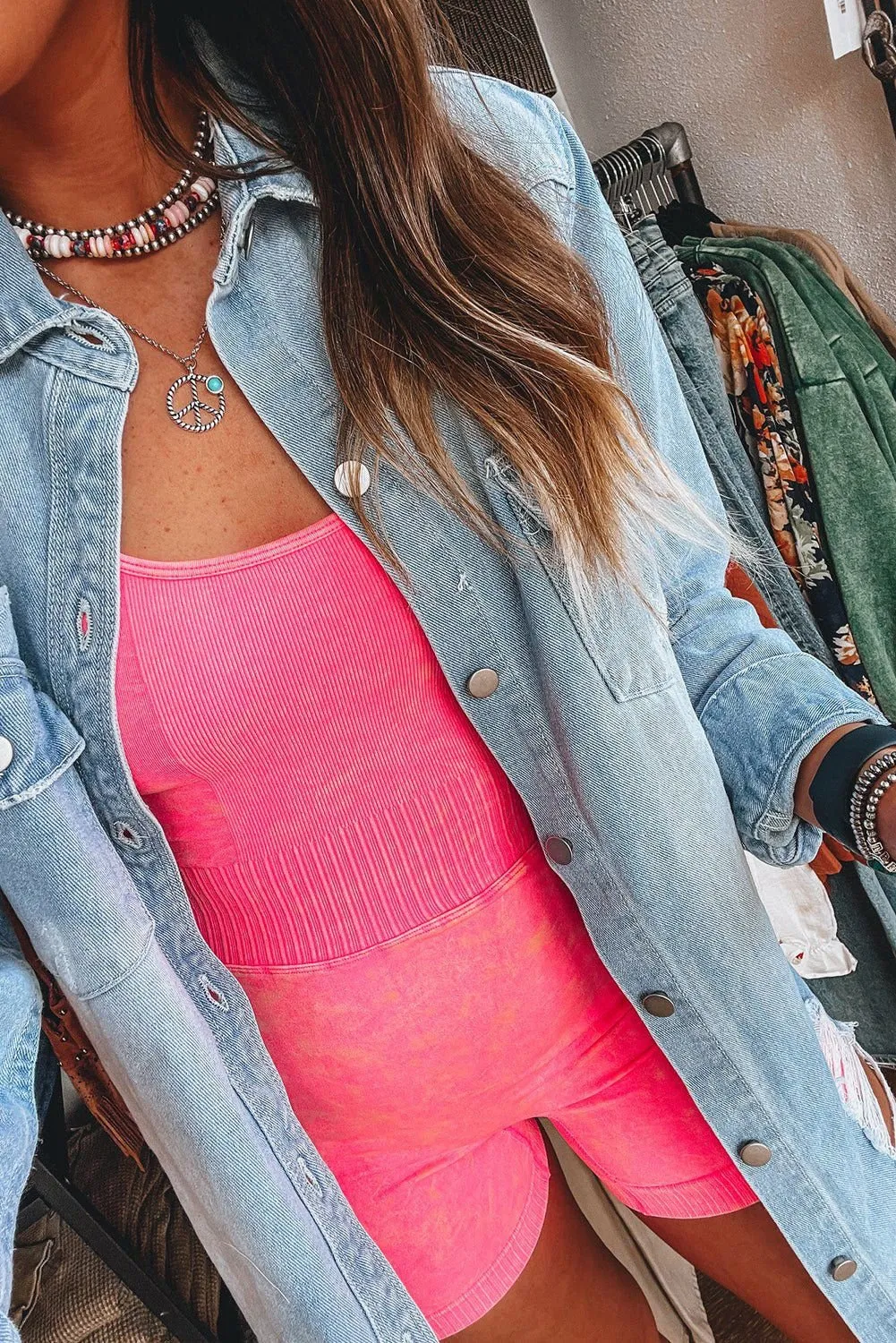 Beau Blue Light Wash Distressed Frayed Long Denim Jacket