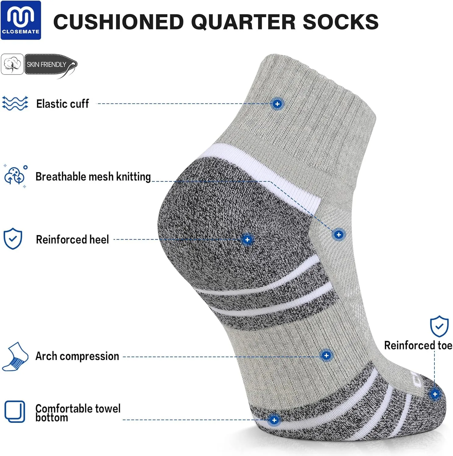 CLOSEMATE 6 Pack Mens Ankle Athletic Socks Cushioned Running Sports Cotton Quarter Socks