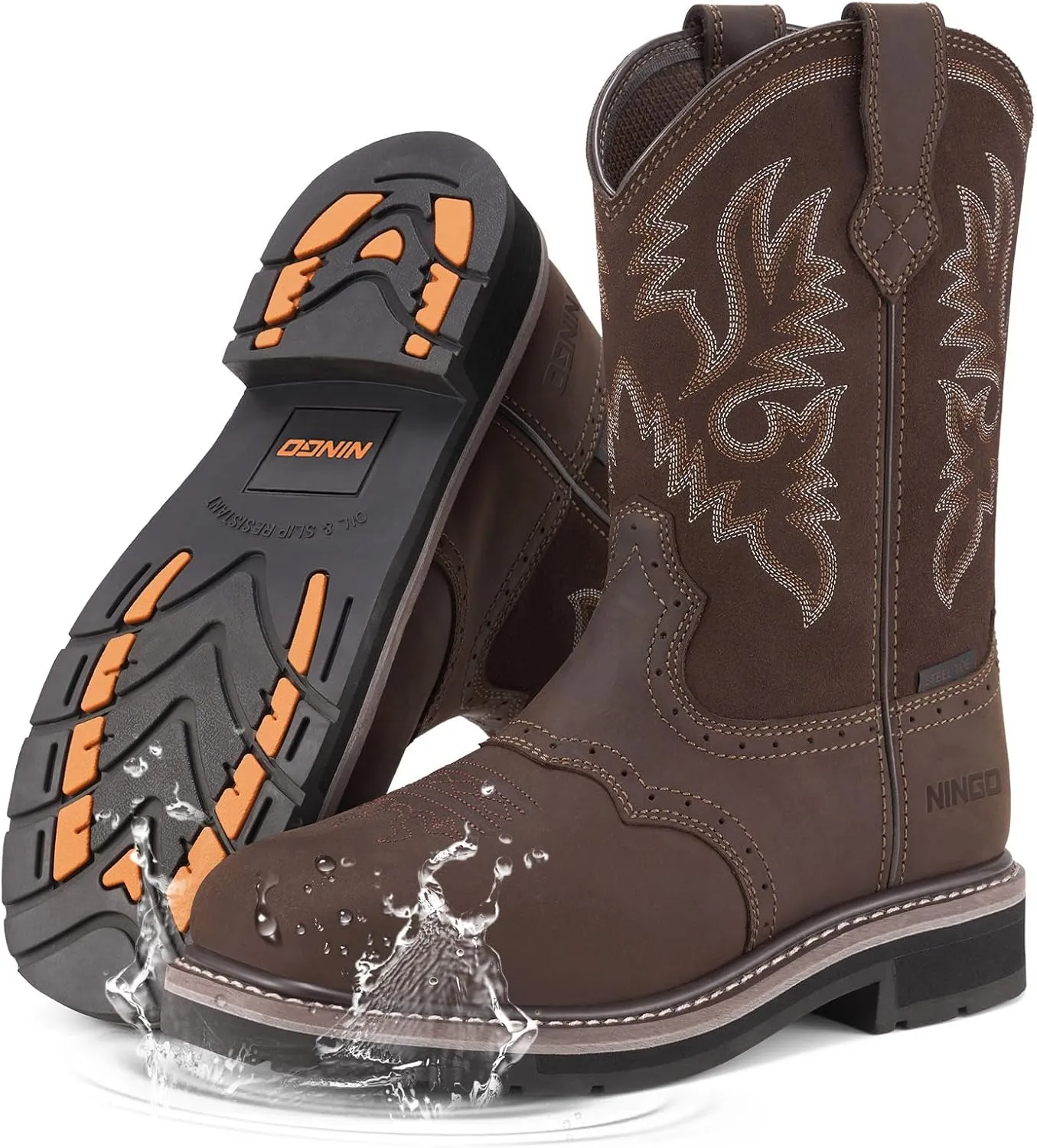 HISEA NINGO Men's Western Cowboy Boots Waterproof Square Toe Steel/Soft Toe Work Boots Comfortable Men's Slip On Pull On Safety Toe Leather Work Shoes for Construction Farming Industrial Welding