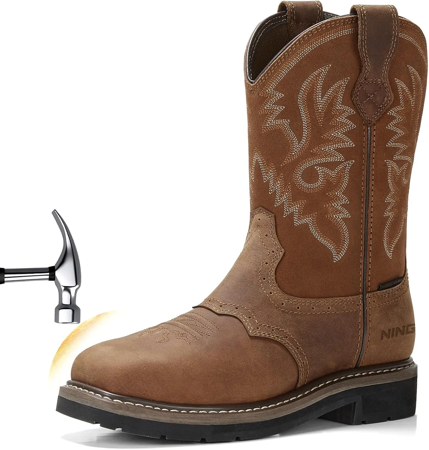 HISEA NINGO Men's Western Cowboy Boots Waterproof Square Toe Steel/Soft Toe Work Boots Comfortable Men's Slip On Pull On Safety Toe Leather Work Shoes for Construction Farming Industrial Welding