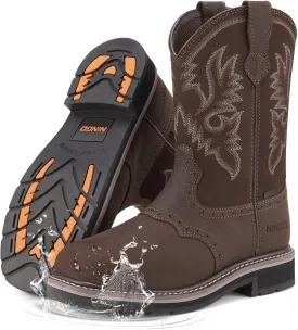 HISEA NINGO Men's Western Cowboy Boots Waterproof Square Toe Steel/Soft Toe Work Boots Comfortable Men's Slip On Pull On Safety Toe Leather Work Shoes for Construction Farming Industrial Welding