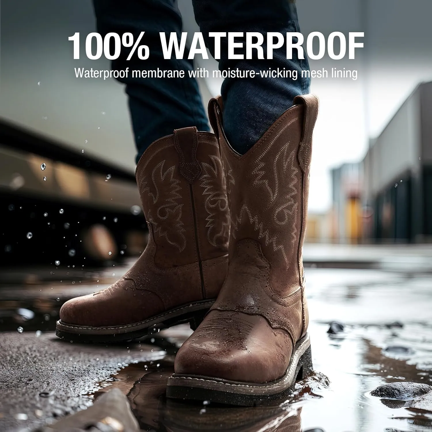 HISEA NINGO Men's Western Cowboy Boots Waterproof Square Toe Steel/Soft Toe Work Boots Comfortable Men's Slip On Pull On Safety Toe Leather Work Shoes for Construction Farming Industrial Welding