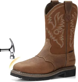 HISEA NINGO Men's Western Cowboy Boots Waterproof Square Toe Steel/Soft Toe Work Boots Comfortable Men's Slip On Pull On Safety Toe Leather Work Shoes for Construction Farming Industrial Welding