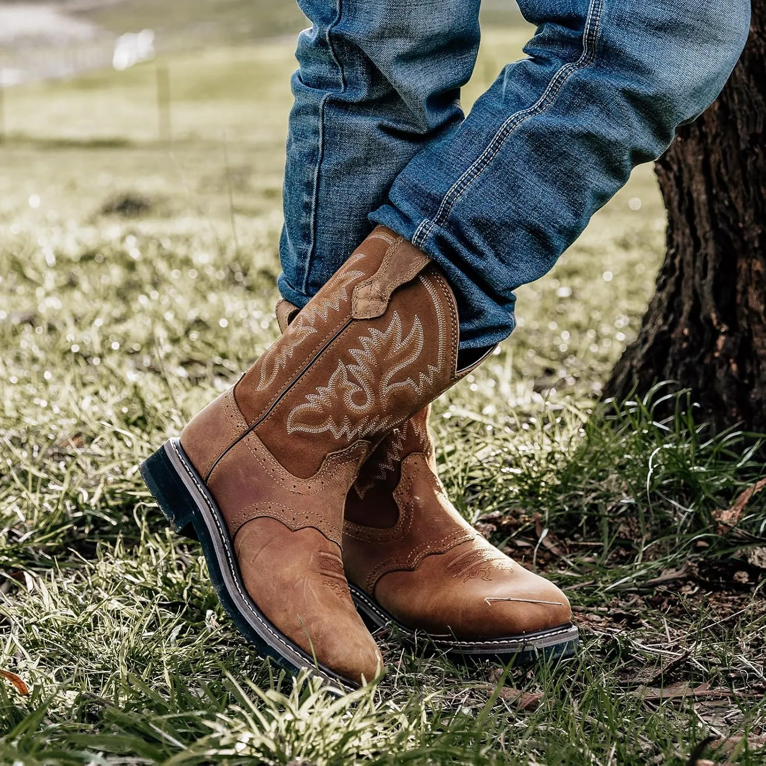 HISEA NINGO Men's Western Cowboy Boots Waterproof Square Toe Steel/Soft Toe Work Boots Comfortable Men's Slip On Pull On Safety Toe Leather Work Shoes for Construction Farming Industrial Welding
