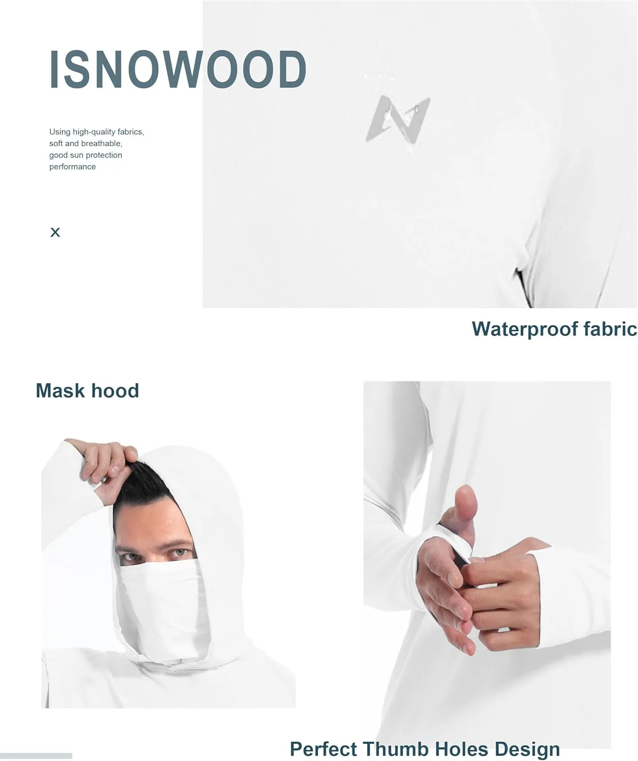 isnowood Sun Shirt UPF 50  Men's Fishing Long Sleeve Hooded Rash Guard Hiking Swimming Running UV Protection Hoodie