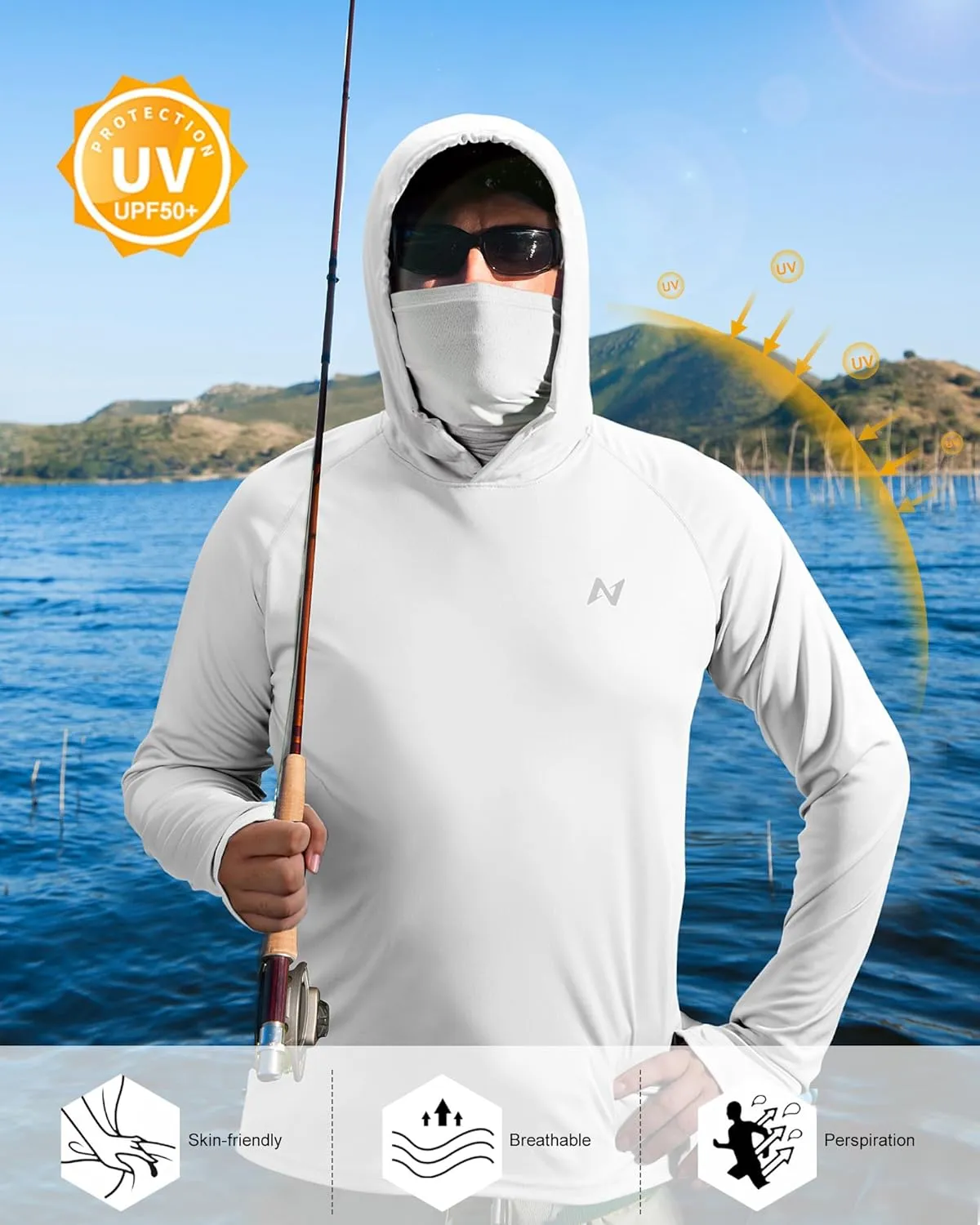 isnowood Sun Shirt UPF 50  Men's Fishing Long Sleeve Hooded Rash Guard Hiking Swimming Running UV Protection Hoodie