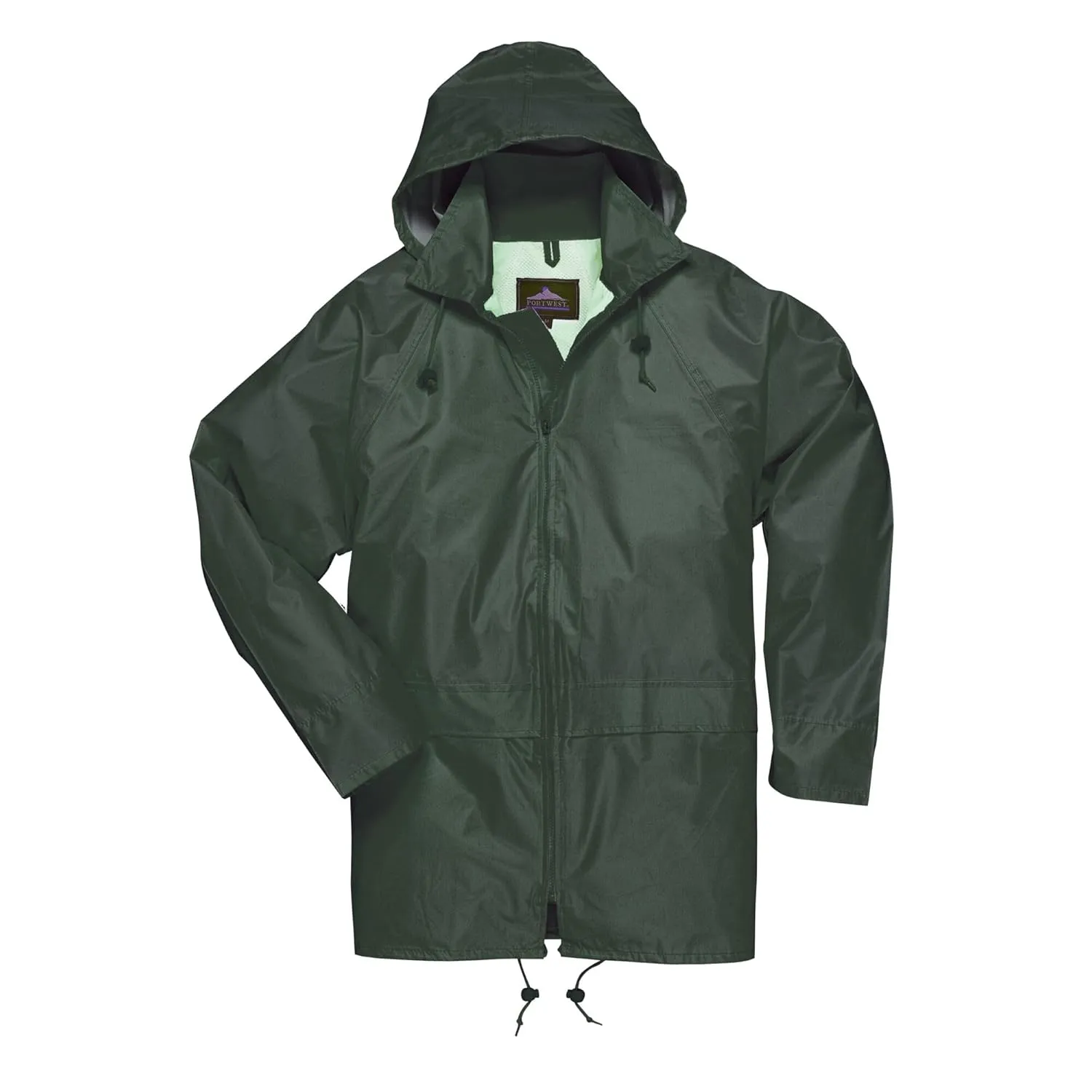 Portwest US440 Men's Waterproof Rain Jacket - Lightweight Durable Hooded Weather Protection Safety Coat Olive Green, X-Large