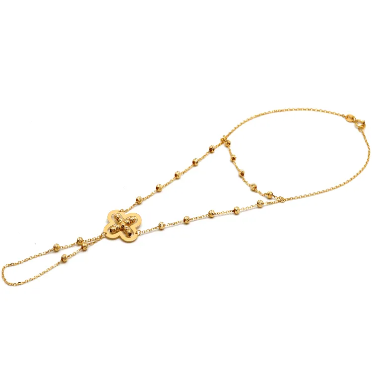Real Gold Hand Wrist Chain Finger Bracelet with Beaded Clover Square Accent 9458 BR1652