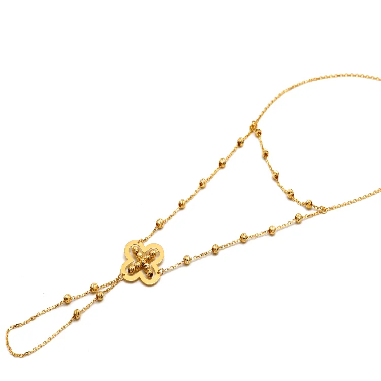 Real Gold Hand Wrist Chain Finger Bracelet with Beaded Clover Square Accent 9458 BR1652