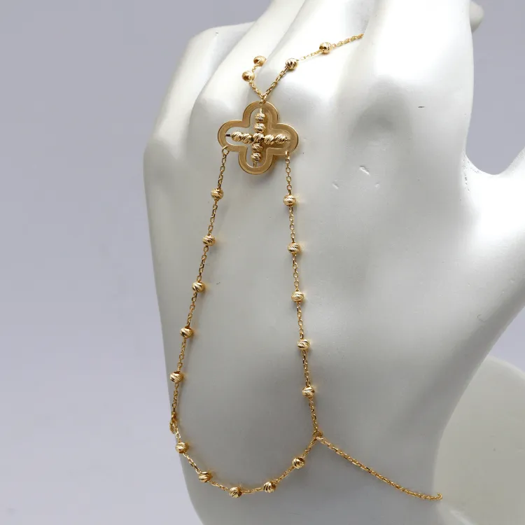 Real Gold Hand Wrist Chain Finger Bracelet with Beaded Clover Square Accent 9458 BR1652