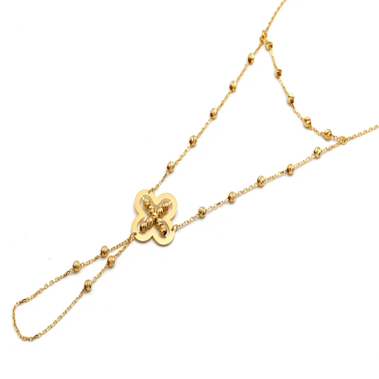 Real Gold Hand Wrist Chain Finger Bracelet with Beaded Clover Square Accent 9458 BR1652