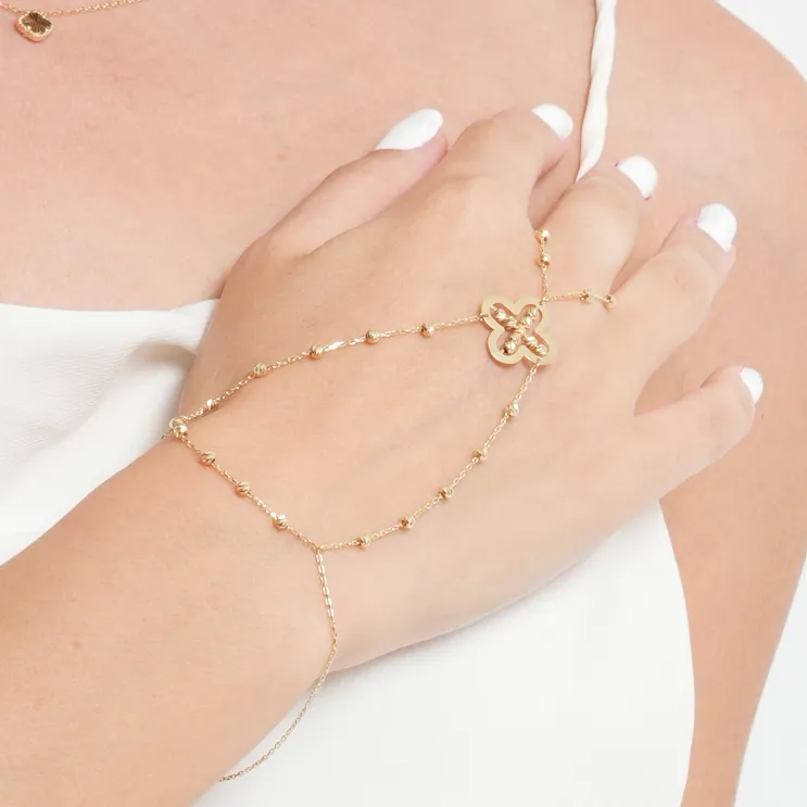 Real Gold Hand Wrist Chain Finger Bracelet with Beaded Clover Square Accent 9458 BR1652