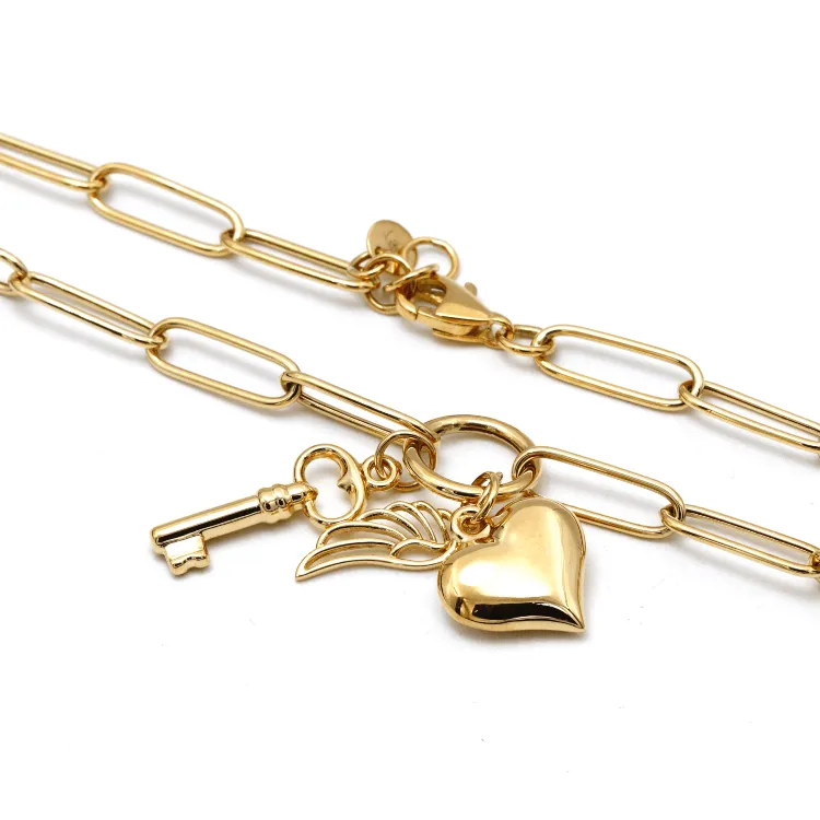 Real Gold Paper Clip Chain Necklace with 3D Heart Key and Wings Charms (40 C.M) 1404 N1450