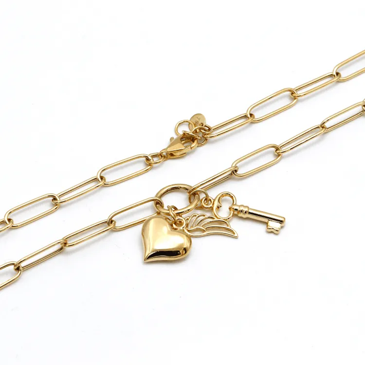 Real Gold Paper Clip Chain Necklace with 3D Heart Key and Wings Charms (40 C.M) 1404 N1450