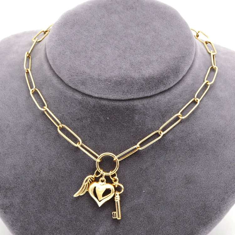 Real Gold Paper Clip Chain Necklace with 3D Heart Key and Wings Charms (40 C.M) 1404 N1450
