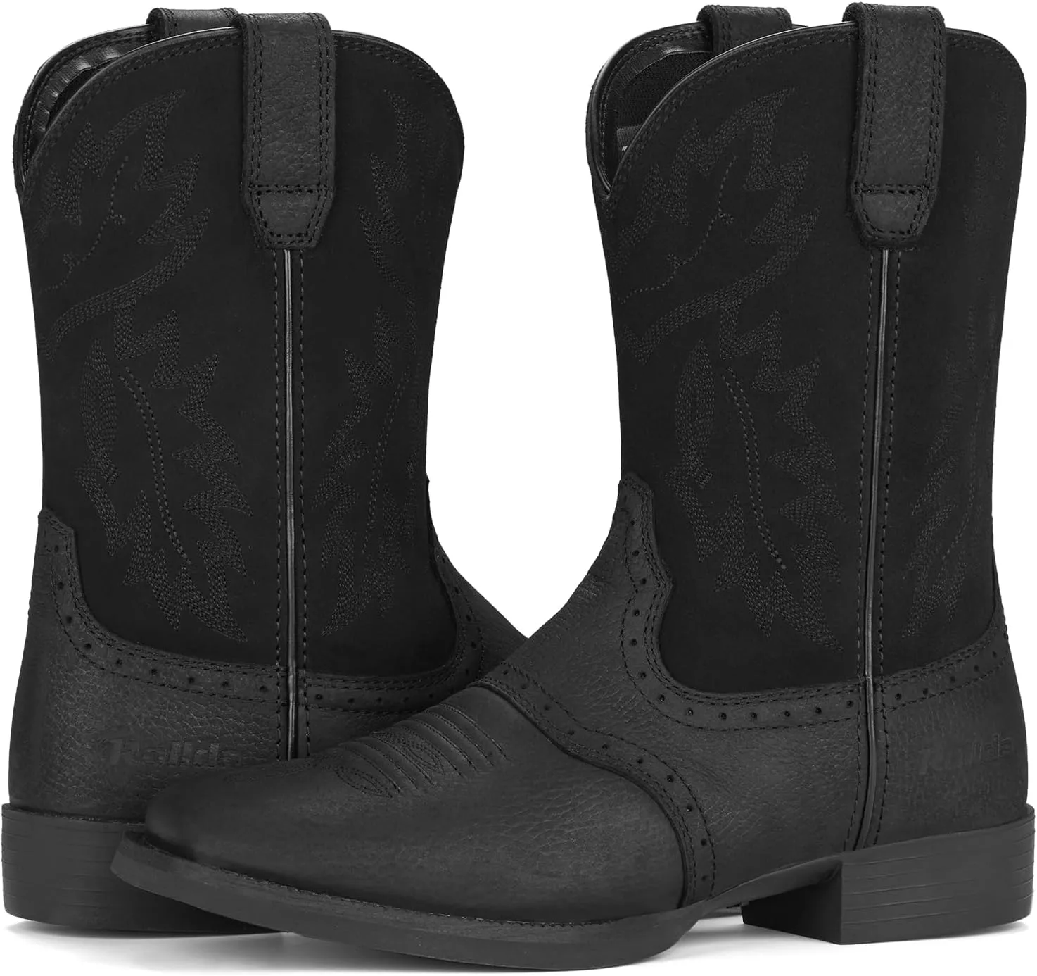 Rollda Leather Cowboy Boots for Men Western Boots Square Toe Chunky Heel Mid-Calf Boots Classic Embroidered with Pull On Tabs