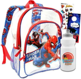Spiderman Clear Backpack - Bundle with Spiderman Backpack for Boys 16 Inch Plus Water Bottle, Stickers, More | Transparent Spiderman Backpack for Kids School Supplies