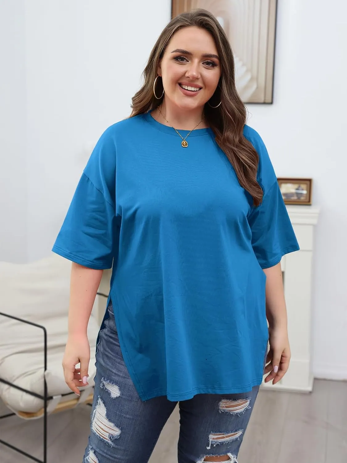 VNIRA Plus Size T Shirt for Women Oversized Cotton Short Sleeve Workout Top Loose Fit Side Split Casual Basic Tunic Top