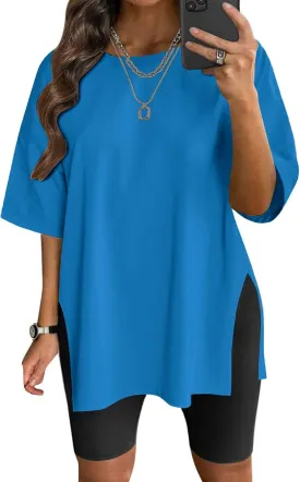 VNIRA Plus Size T Shirt for Women Oversized Cotton Short Sleeve Workout Top Loose Fit Side Split Casual Basic Tunic Top