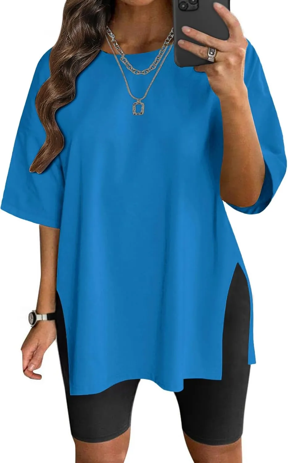 VNIRA Plus Size T Shirt for Women Oversized Cotton Short Sleeve Workout Top Loose Fit Side Split Casual Basic Tunic Top