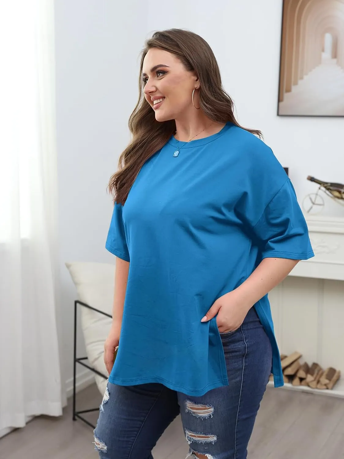 VNIRA Plus Size T Shirt for Women Oversized Cotton Short Sleeve Workout Top Loose Fit Side Split Casual Basic Tunic Top